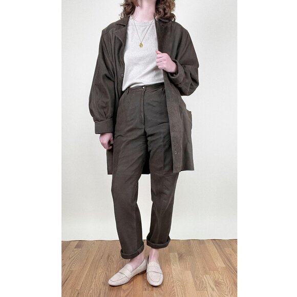 Vintage Suede Leather Matching Set Suit Oversized High Rise Long Unique Luxury - Picture 12 of 13